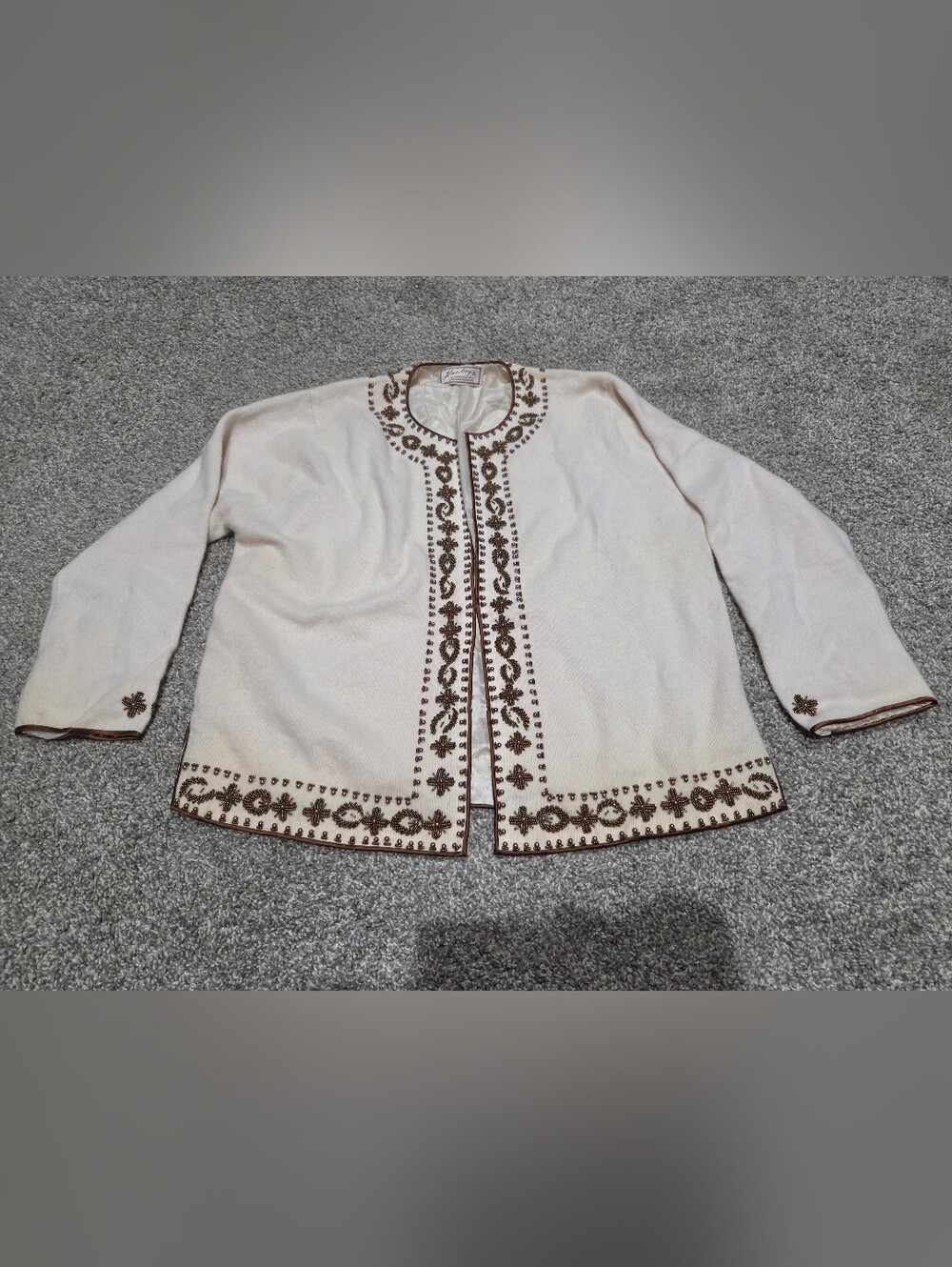 Hanleys Embroidered Cream Open-Front Cardigan with Brown Trim